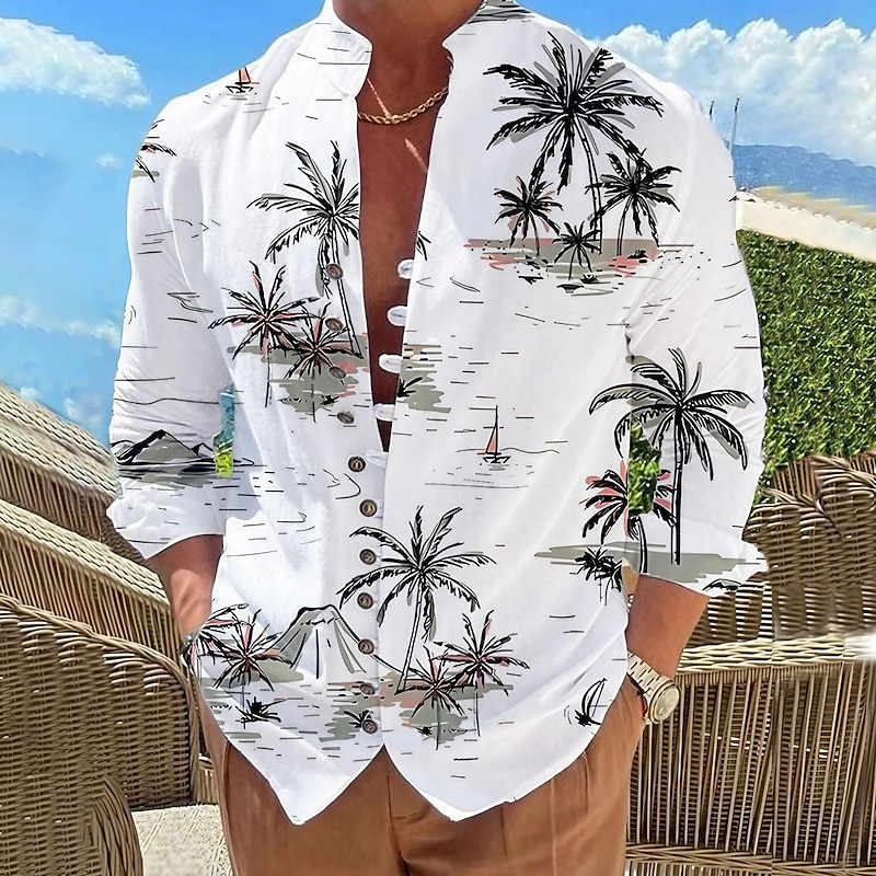Men's Coconut Tree Tropical Plants Shirt Summer Hawaiian Shirt Aloha Shirt Long Sleeve Shirt Stand Collar Fashion Designer Casual Outdoor Vacation Street White Pink Blue S M L