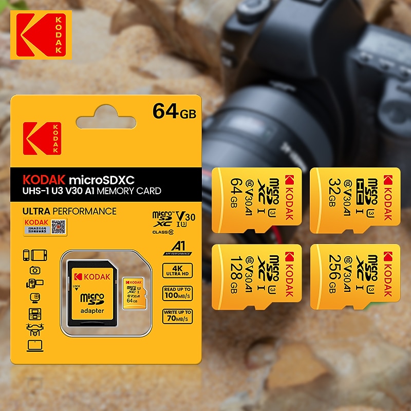 Kodak Micro SD Card U3 V30 256GB 128GB SDXC Flash Memory Card C10 U3 4K HD cartao de Memoria Micro SD TF Card With SD Adapter