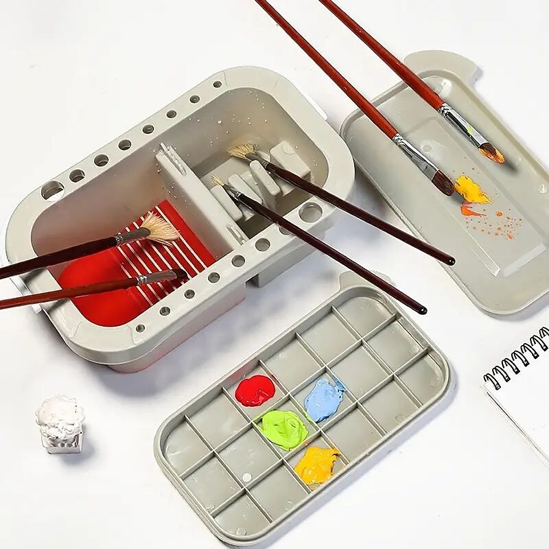 1 Set Multifunctional 3 In 1 Wash Pen Bucket With Pen Holder And Painting Palette Lid Paint Brush Basin Brush Tub Washing Tool For Art Painting Gouache Watercolor Acrylic Oil Painting4