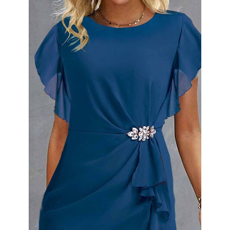 Women's Wedding Guest Cocktail Party Dress Midi Chiffon Dress Wine Blue Green Short Sleeve Solid Color Ruffle Crew Neck Evening Summer Spring Fall3