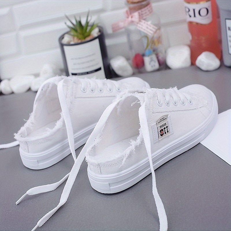 Women's White Backless Canvas Sneakers with Raw Edge Design, Slip-On Lace-Up Mules for Summer Streetwear, School, and Casual Outings2