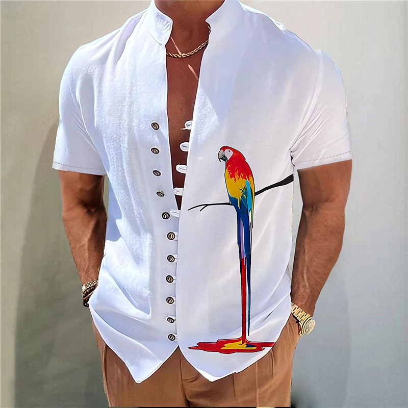 Men's Parrot Shirt Button Up Shirt Short Sleeve Fashion Streetwear Designer Outdoor Casual Daily Spring & Summer Stand Collar Print White Pink Blue Gray