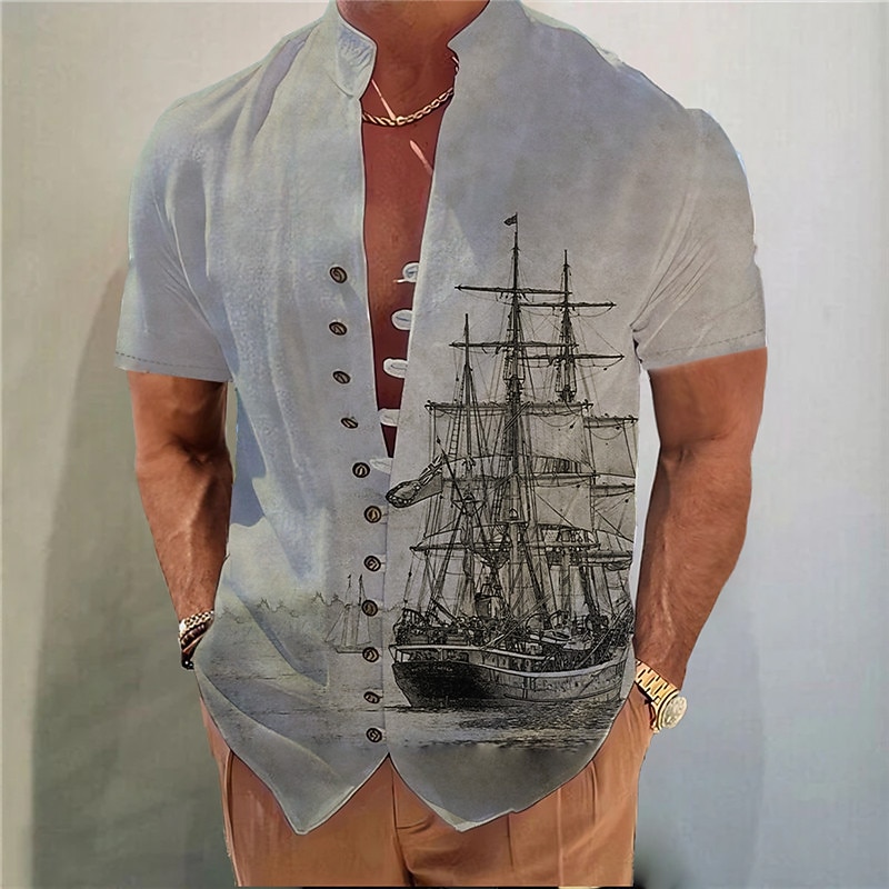 Men's Nautical Vintage Sailboat Shirt Button Up Shirt Short Sleeve Vintage Fashion Streetwear Outdoor Casual Daily Spring & Summer Stand Collar Print Blue Purple Green Khaki Gray