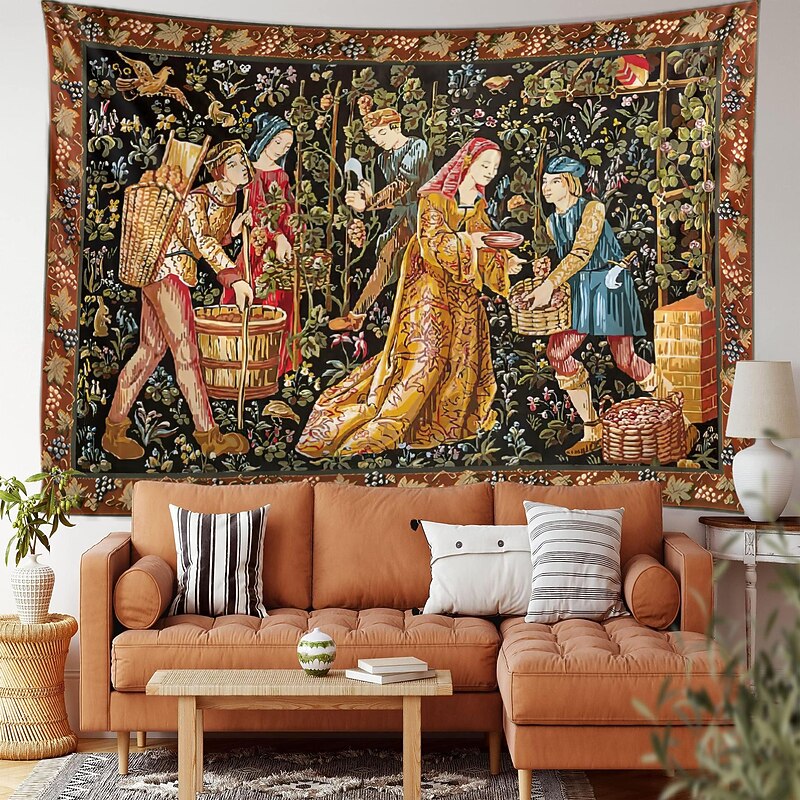 Medieval Painting Tapestry Middle Age Tapestry Grape Harving Wall Art Large Tapestry Mural Decor Photograph Backdrop Blanket Curtain Home Bedroom Living Room Decoration3
