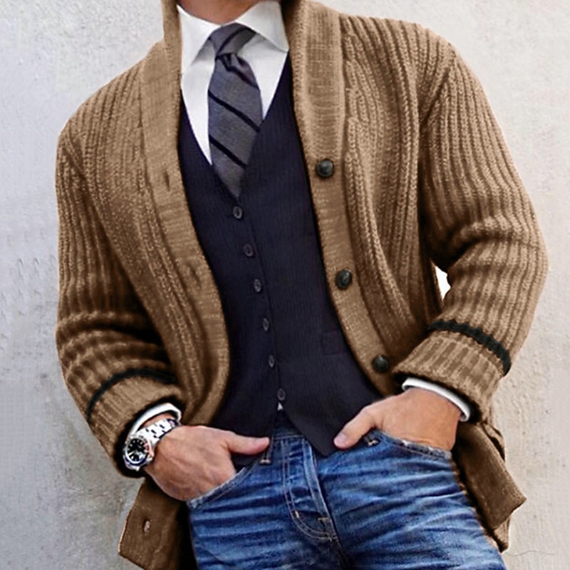 Male Cardigan Cardigan Sweater Sweater Jacket Chunky Knit Regular Button-Down Color Block Lapel Daily Wear Clothing Apparel khaki M L XL4