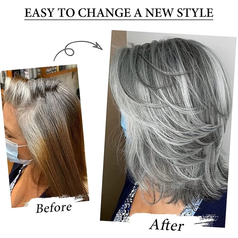 Silver Gray Ombre Layered Wigs with Curtain Bangs for Women Synthetic Short Light Grey Wig Layered Gray Wavy Bob Wig Highlight Grey Curly Bob Wig for Black Women Silver Grey Wig for Daily Use4