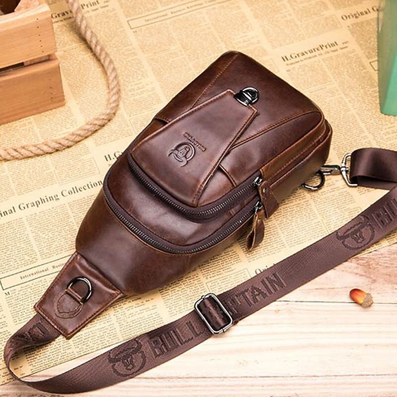 BULL CAPTAIN High Quality Men Genuine Leather Cowhide Vintage Chest Back Pack Travel fashion Cross Body Messenger Shoulder Bag 7