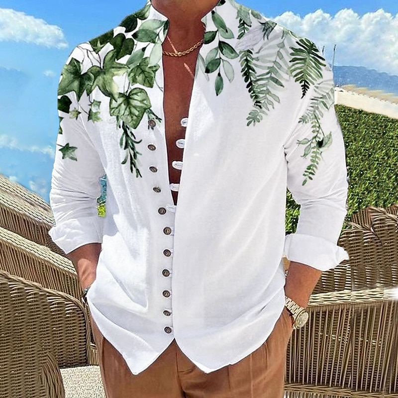 Men's Leaves Shirt Button Up Shirt Long Sleeve Fashion Designer Casual Outdoor Vacation Daily Fall Autumn / Fall Spring & Summer Stand Collar Print Lake blue White Pink Red Blue