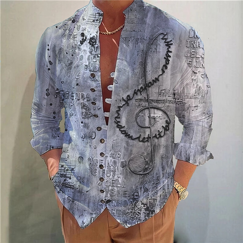 Men's Boardmasters Vintage Notes Shirt Button Up Shirt Long Sleeve Fashion Streetwear Designer Outdoor Casual Daily Summer Spring Fall Stand Collar Print Blue Purple Green Gray4