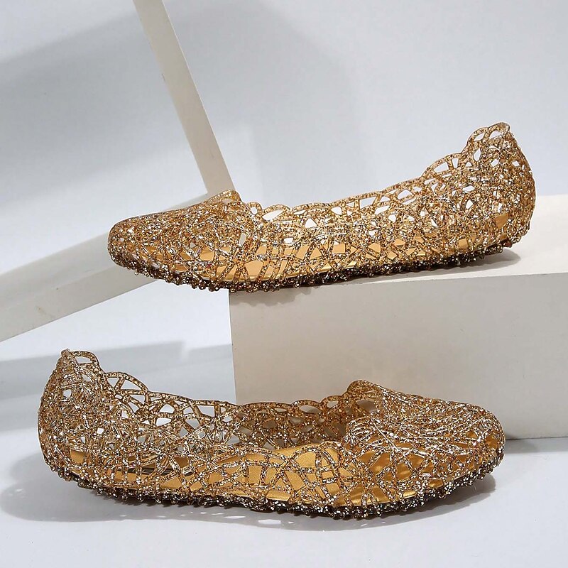 Women's Gold Glitter Jelly Flats - Sparkling Flexible Slip-On Shoes for Summer and Casual Occasions2