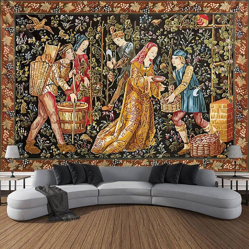 Medieval Painting Tapestry Middle Age Tapestry Grape Harving Wall Art Large Tapestry Mural Decor Photograph Backdrop Blanket Curtain Home Bedroom Living Room Decoration4