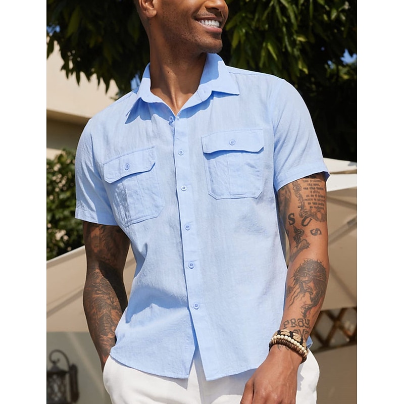 Men's Shirt Summer Shirt Casual Shirt Beach Shirt Button Up Shirt Black White Navy Blue Apricot Gray Short Sleeve Plain Lapel Vacation Daily Front Pocket Clothing Apparel Polyester Fashion Casual2
