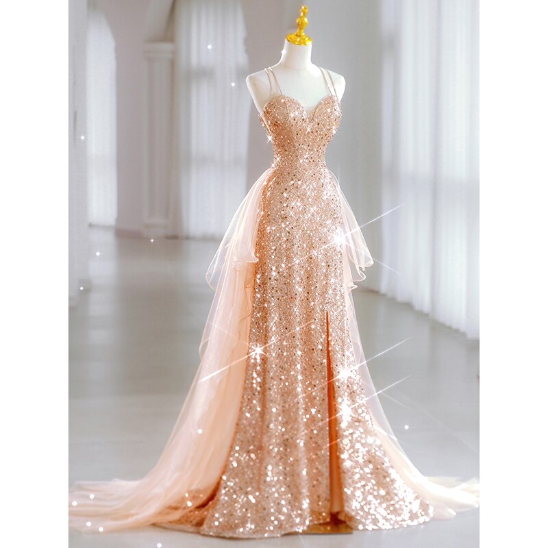 Beach Wedding A-Line Prom Dresses Sparkle & Shine Dress Wedding Guest Sweet 16 Floor Length Sleeveless Sweetheart Tulle with Sequin Masquerade Dress