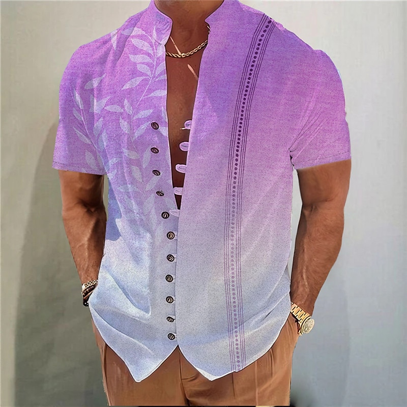 Men's Gradient Leaves Shirt Button Up Shirt Short Sleeve Fashion Streetwear Designer Outdoor Casual Daily Spring & Summer Stand Collar Print Yellow Blue Purple Green Gray3
