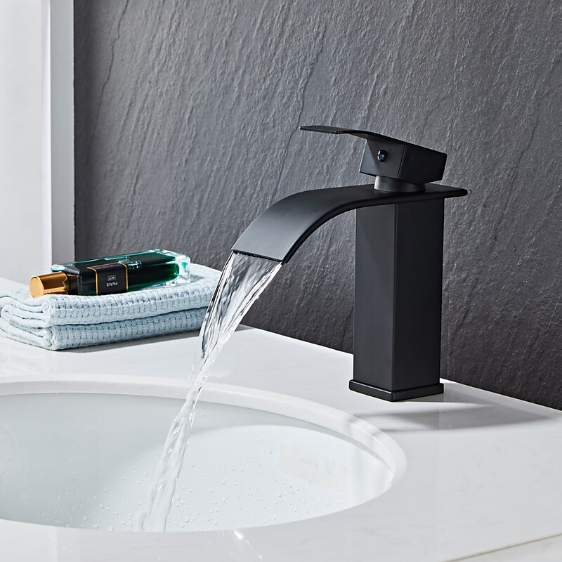 Waterfall Bathroom Sink Mixer Faucet, Washroom Mono Basin Taps Single Handle Deck Mounted Chrome Black Brushed, with Cold and Hot Hose Monobloc Water Tap4