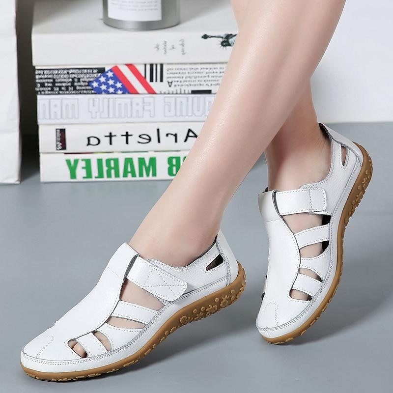 Women's Black Closed-Toe Leather Sandals with Cutout Design and Velcro Strap, Comfortable Non-Slip Walking Shoes for Summer, Travel, and Daily Wear2