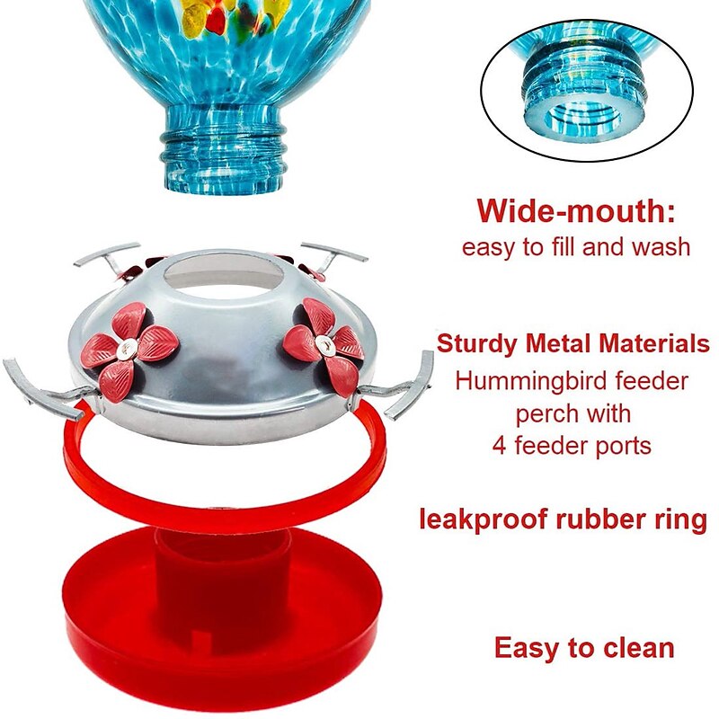 Hummingbird Feeder,Glass Bird Feeder with Color Hand Blown Glass,Leakproof Nectar Capacity Hummingbird Feeders, Garden Bird Feeders with Ant Moat Hook Easy to Clean & Filling4