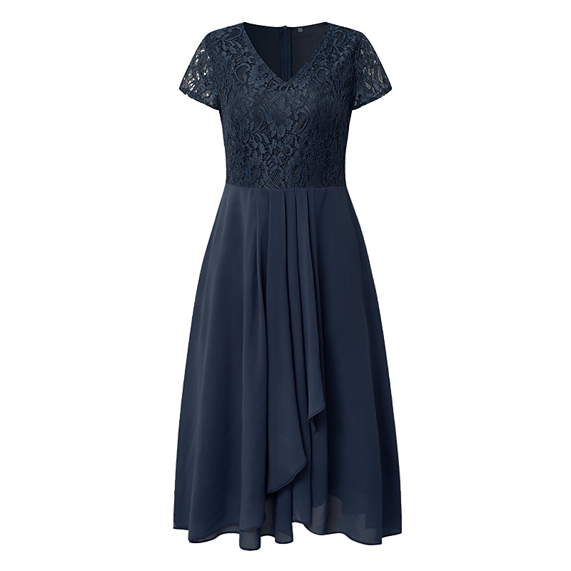 Women's Wedding Guest Cocktail Dress Elegant Midi Dress V-Neck Lace Short Sleeve Chiffon Flowy Navy Blue Evening Party Summer4