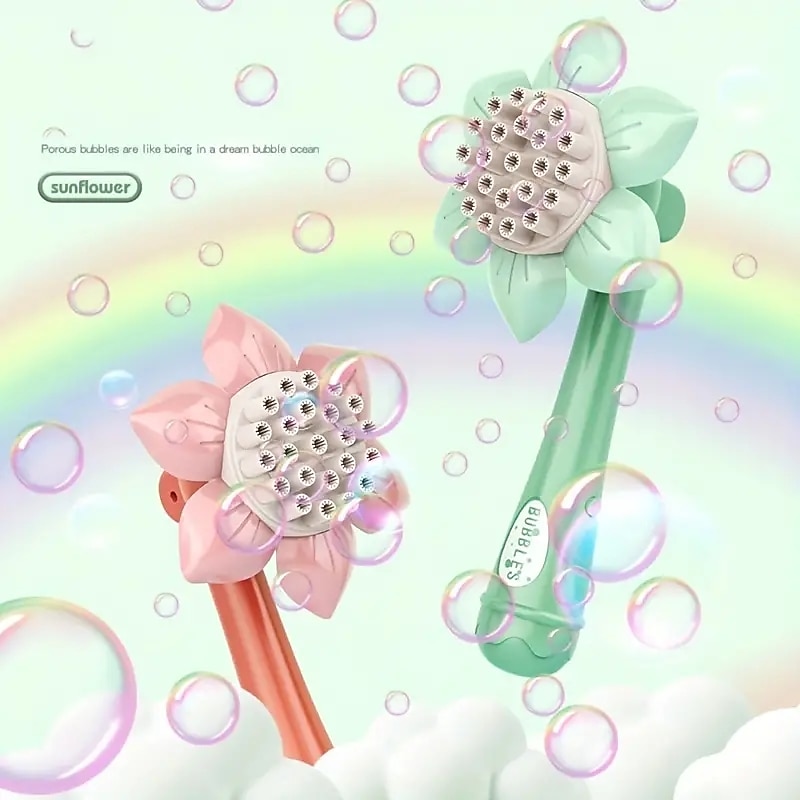 Summer Fun for Kids Electric Handheld Bubble Machine with Rocket Shape & Sunflower Design - Perfect for Outdoor Birthday Parties!2