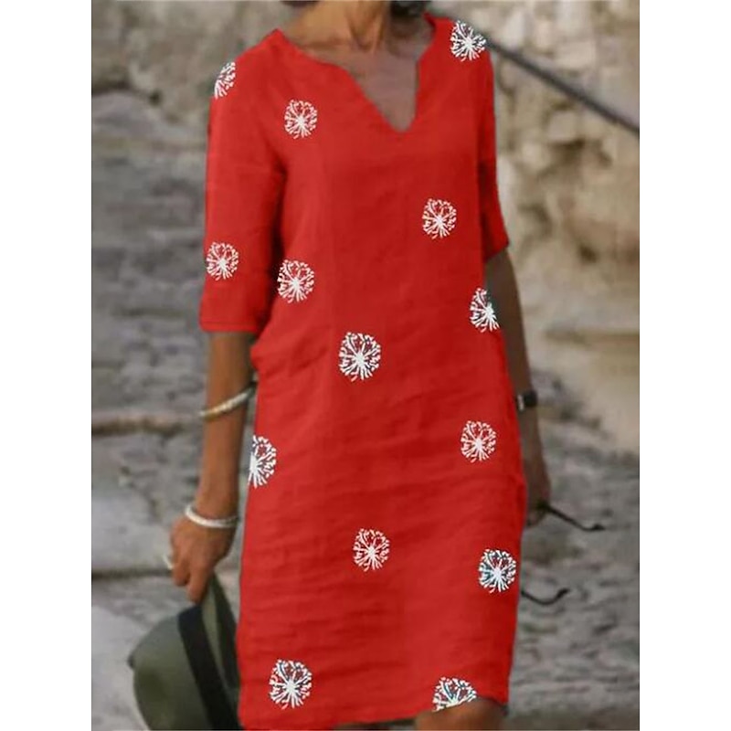 Women's Midi Dress Yellow Red Green Summer Spring Shift Dress Casual Daily Loose Fit Flower Notched Neck2