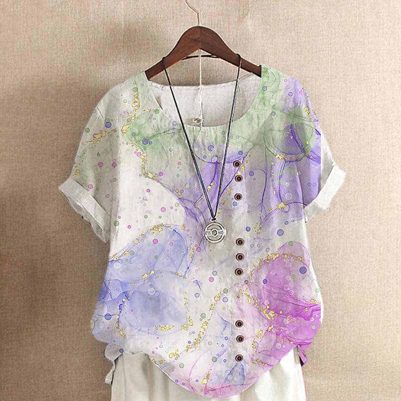 Women's Shirt Blouse Floral Basic Short Sleeve Round Neck Regular Tops Casual Holiday Linen Like Buttons Print Yellow Purple Green3