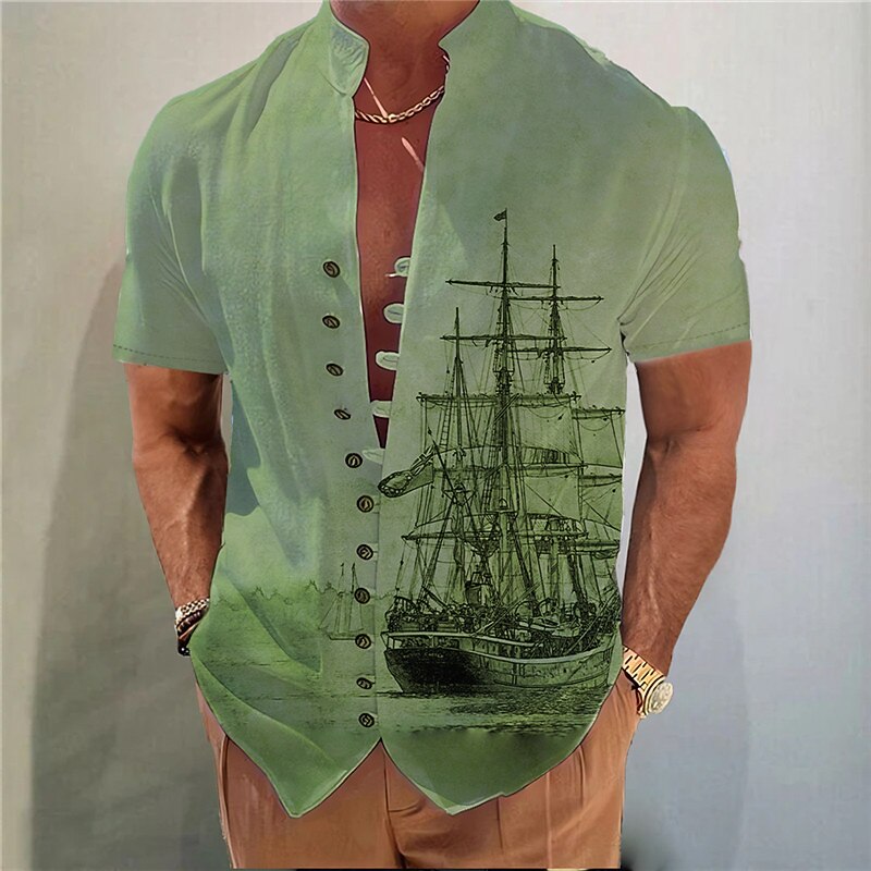 Men's Nautical Vintage Sailboat Shirt Button Up Shirt Short Sleeve Vintage Fashion Streetwear Outdoor Casual Daily Spring & Summer Stand Collar Print Blue Purple Green Khaki Gray4