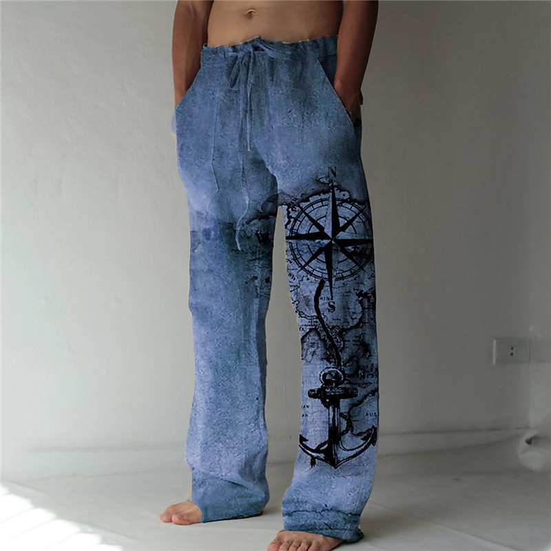 Men's Trousers Summer Pants Beach Pants Drawstring Elastic Waist 3D Print Graphic Prints Anchor Comfort Casual Daily Holiday Streetwear Hawaiian Blue Green4