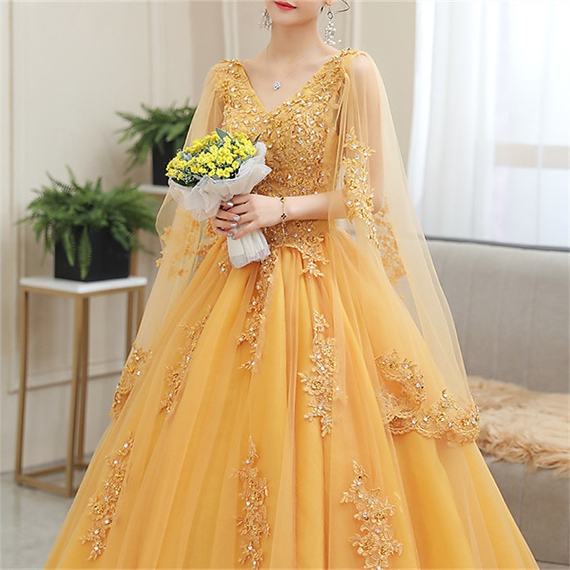 Ball Gown Quinceanera Dresses Princess Dress Sweet 16 Floor Length Short Sleeve V Neck Tulle with Appliques  dress to impress3