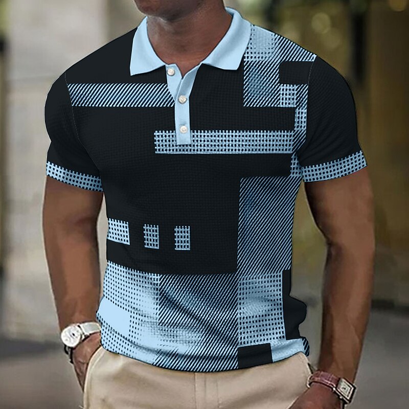 Men's Plaid Waffle Polo Shirts Golf Shirt Short Sleeve Polo Shirts Collared Shirts Vintage Casual Vacation Wear Formal Wear Festival Wear Buttons 3D Print Black Pink Blue4