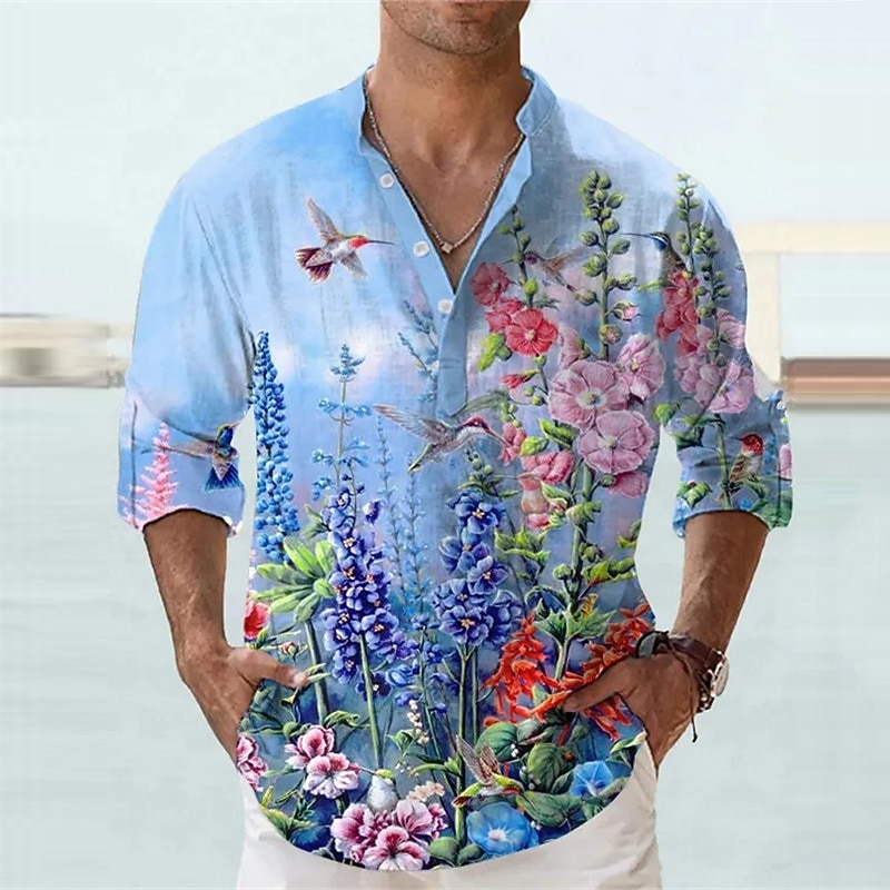Men's Floral Shirt Button Up Shirt Long Sleeve Fashion Streetwear Designer Daily Going out Summer Spring Fall Stand Collar Print Yellow Blue Purple Green