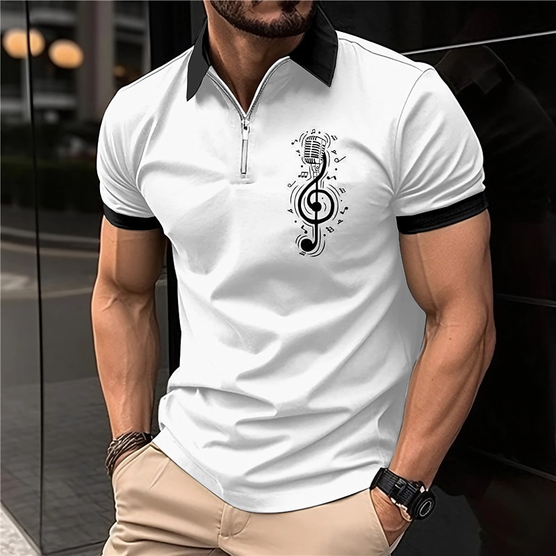 Music Festival Men's Music Zip Polo Shirts Golf Shirt Short Sleeve Polo Shirts Collared Shirts Casual Vacation Wear Festival Wear Party Outfits 3D Print Quarter Zip Polo White Pink Blue