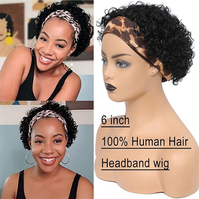 Headband Wig Human Hair Short Curly Pixie Cut Headband Wigs for Black Women Human Hair Half wigs 150% Density Natural Black 6 Inch2