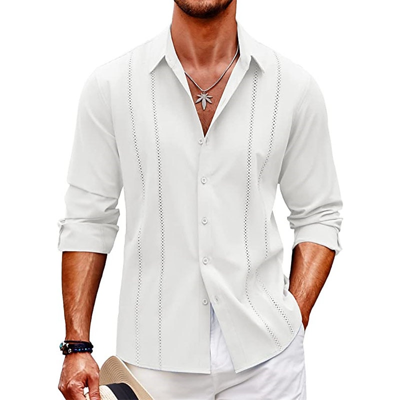 Men's Shirt Linen Shirt Cotton Linen Shirt Guayabera Shirt Summer Shirt Casual Shirt Plain Casual Daily Black White Navy Blue Blue Long Sleeve Lapel Spring & Summer Clothing Apparel2