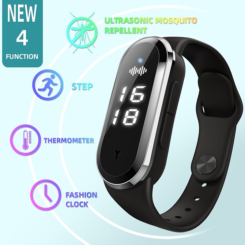 Smart Ultrasonic Mosquito Repellent Bracelet – Digital Watch with Pedometer, Body Temperature Display, USB Charging, Long-Term Wearable Protection3