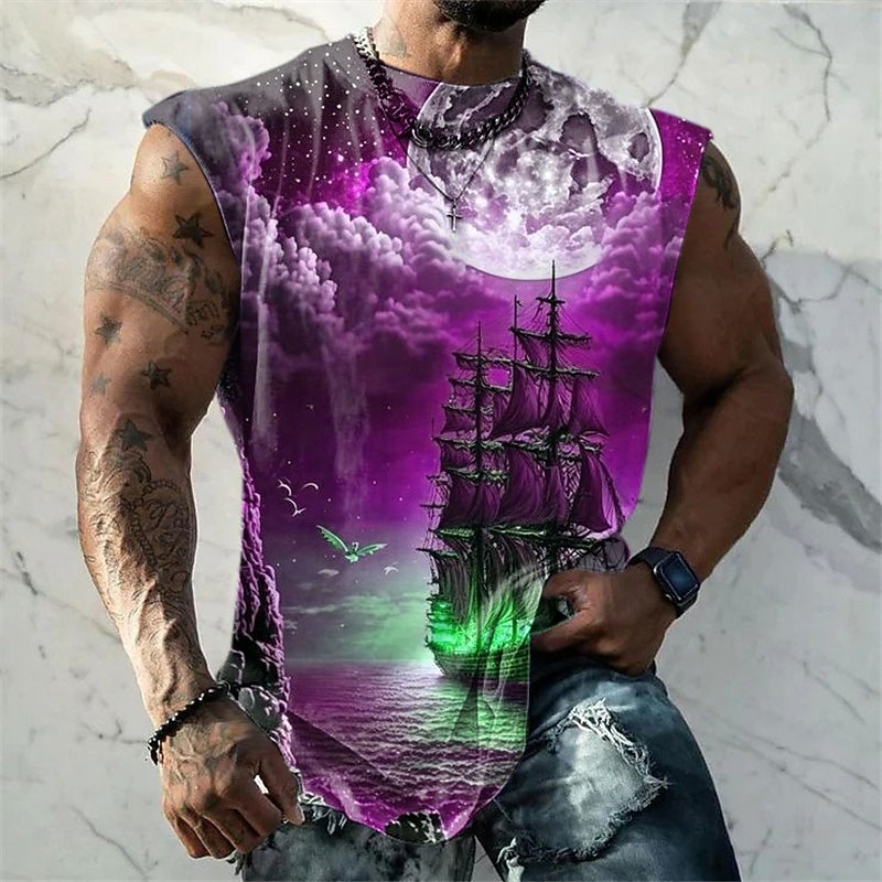 Men's Graphic Cloud Ship Nautical Vest Top Sleeveless T Shirt for Men Sleeveless Cap Sleeve T shirt 3D Print Crew Neck Shirt Fashion Designer Muscle Daily Sports Gym Red Blue Purple Spring & Summer3