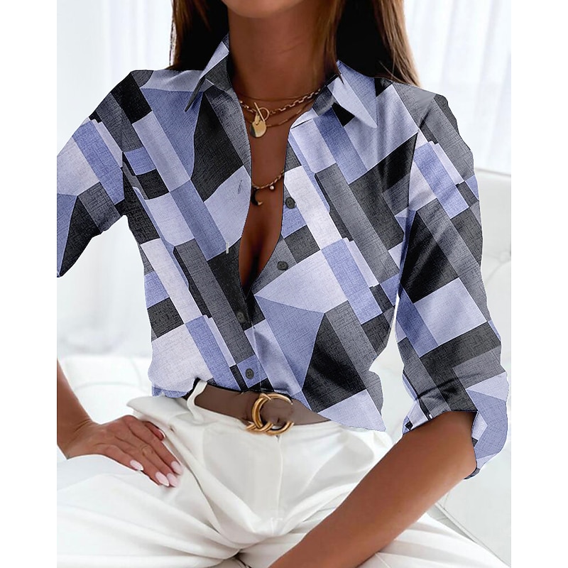 Women's Shirt Button Down Tunic Shirt Collar Long Sleeve Elegant Vintage Fashion Geometric s Print Regular Tops Casual Pink Blue Green Khaki Gray Spring Fall3