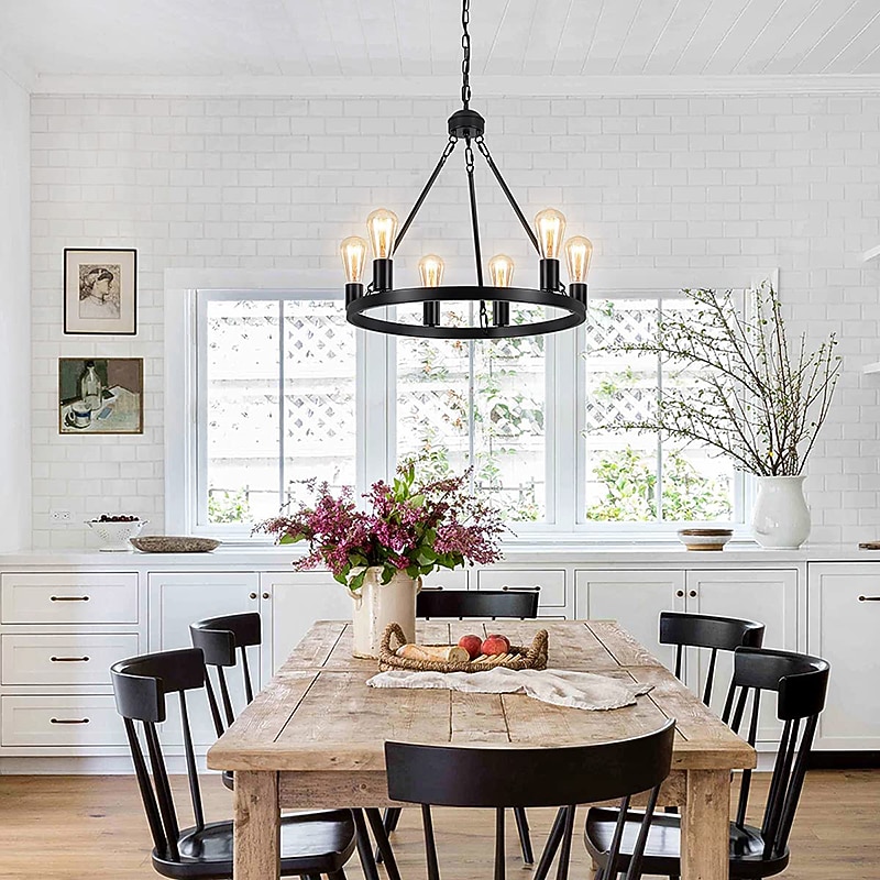 Black Matte Chandelier 6-Light Wagon Wheel Chandelier 21" Farmhouse Pendant Chandeliers Fixture Contemporary Industrial Chandelier for Living Dining Room Kitchen Island Entryway Foyer Bar 110-240V3