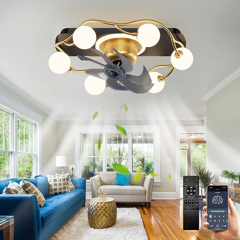 Ceiling Fan with Light App & Remote Control 52cm 3-Light Dimmable 6 Wind Speeds Modern Ceiling Fan for Bedroom, Living Room, Small Room 110-240V