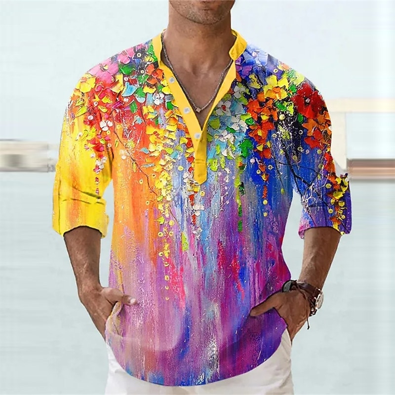 Men's Floral Shirt Button Up Shirt Long Sleeve Fashion Streetwear Designer Daily Going out Summer Spring Fall Stand Collar Print Yellow Blue Purple Green3
