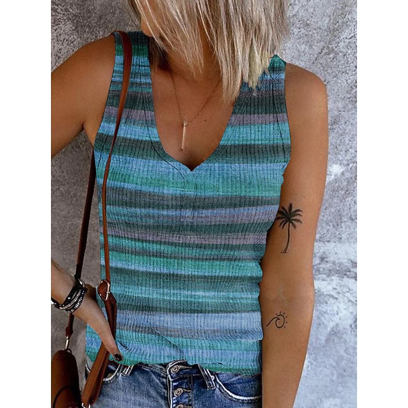 Women's Camisole Tank Top Going Out Tops Basic Striped Buttons Print Sleeveless Regular Tops V Neck Casual Pink Blue Purple Khaki2