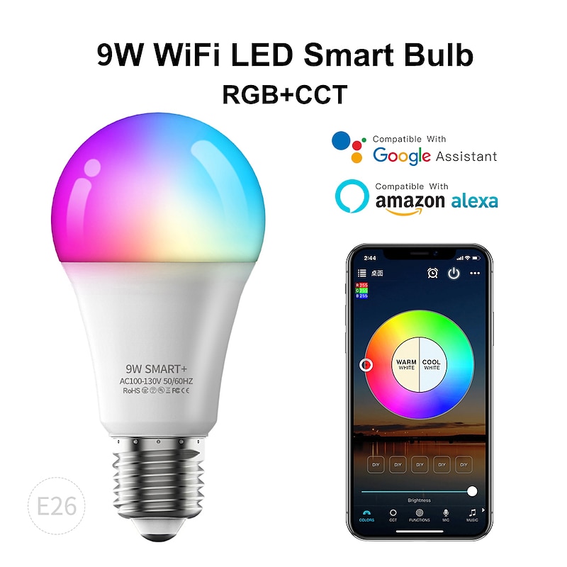 Smart Light Bulb WiFi & Bluetooth Connect RGBCW Color Changing Dimmable LED Bulbs A19 E26 9W (80W Equivalent) Works with Alexa Google Home Siri Shortcut No Hub Required