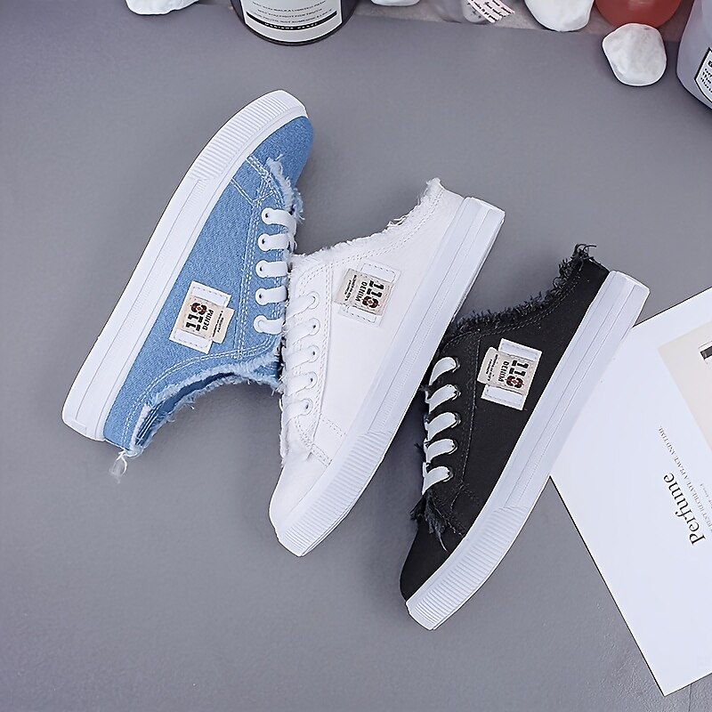 Women's White Backless Canvas Sneakers with Raw Edge Design, Slip-On Lace-Up Mules for Summer Streetwear, School, and Casual Outings 15