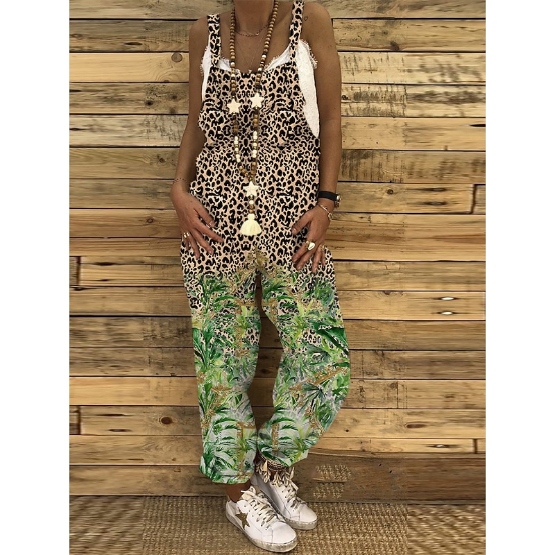 Jumpsuits for Women Floral Dungarees Overall Button Pocket Animal U Neck Holiday Daily Vacation Straight Regular Fit Sleeveless Sleeveless Black White Green S M L4