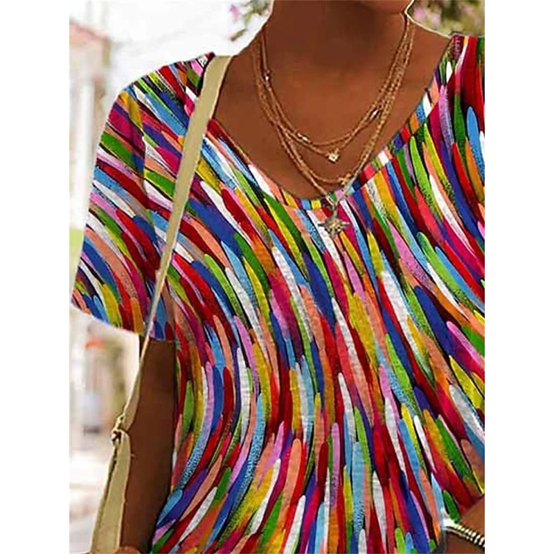 Women's T Shirt Graphic Basic Short Sleeve V Neck Regular Tops Daily Weekend Print Red Blue Green2