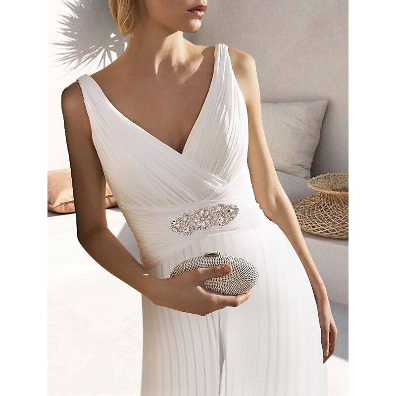 Jumpsuits Elegant Dress Wedding Guest Summer Ankle Length Sleeveless V Neck Chiffon Ladder Back with Pleats Crystals4