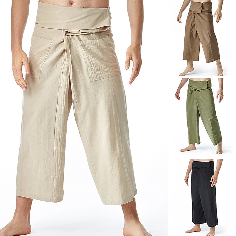 Men's Trousers Summer Pants Baggy Pants Beach Pants Pocket Drawstring Solid Color Breathable Soft Full Length Yoga Casual Folk Style Loose Black Army Green Inelastic