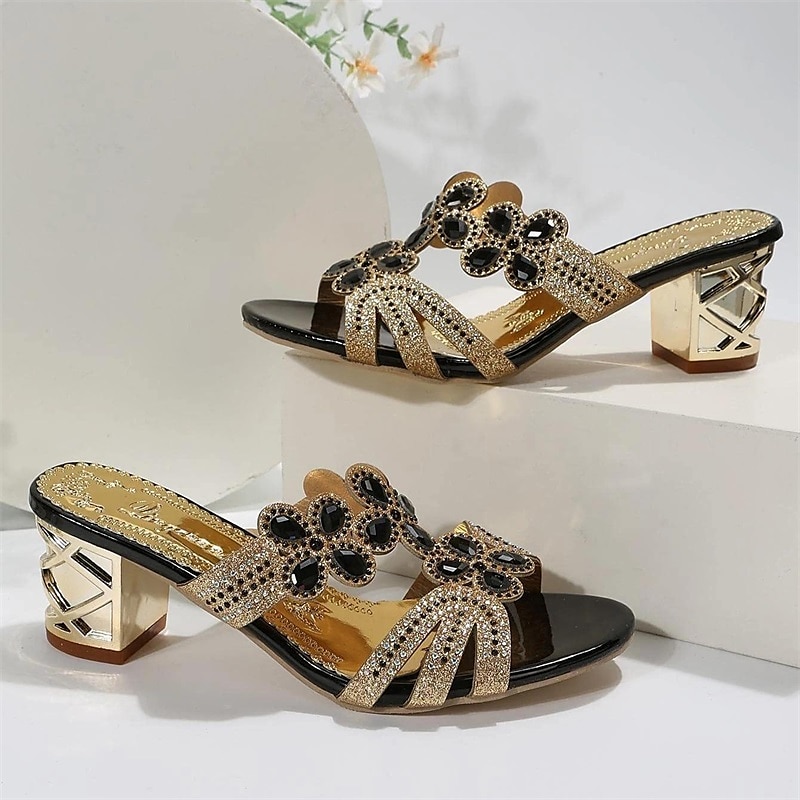 Women's Gold Rhinestone Embellished Mules, Block Heel Open - Toe Sandals for Glamorous Evening Parties3