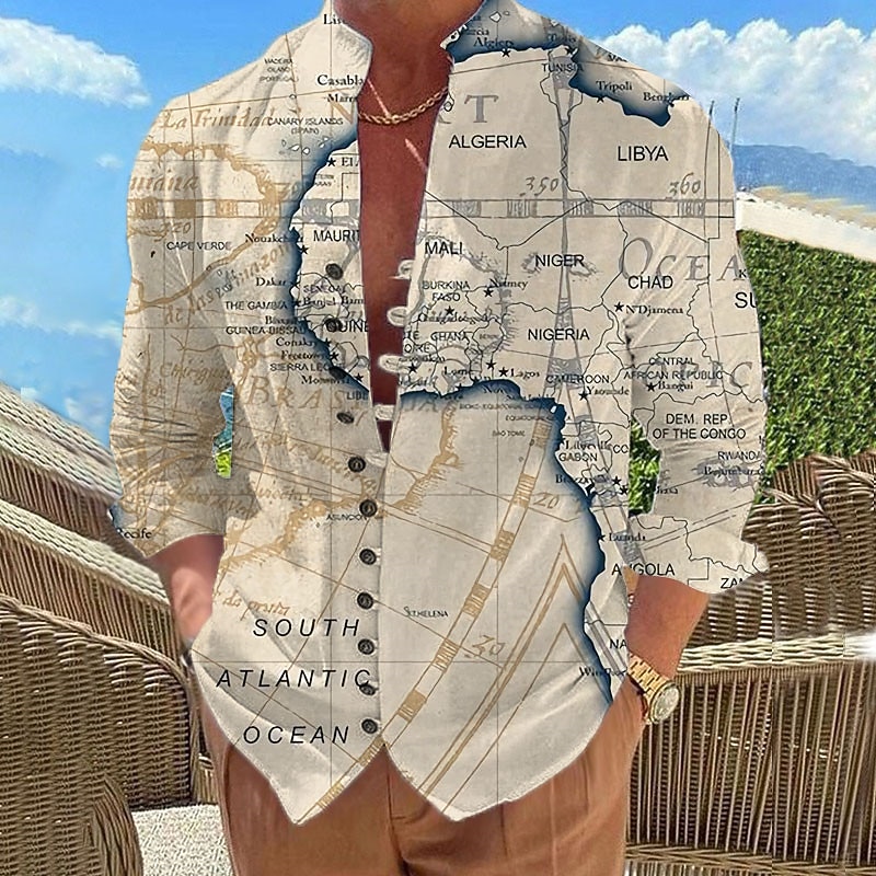 Men's Nautical Map Vintage Shirt Button Up Shirt Long Sleeve Vintage Fashion Streetwear Outdoor Casual Daily Summer Spring Fall Stand Collar Print White Yellow Blue Khaki3