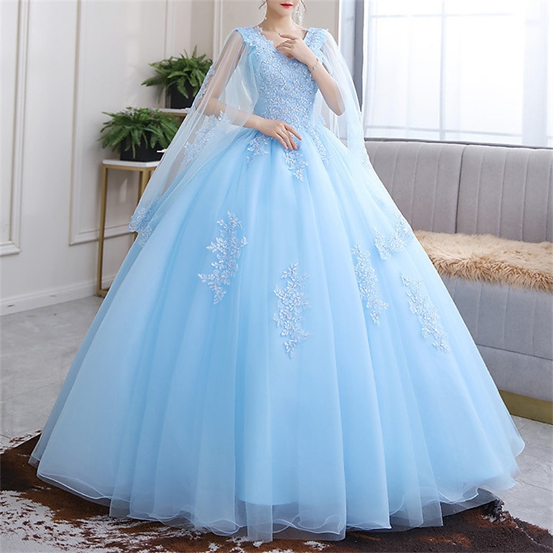 Ball Gown Quinceanera Dresses Princess Dress Sweet 16 Floor Length Short Sleeve V Neck Tulle with Appliques  dress to impress