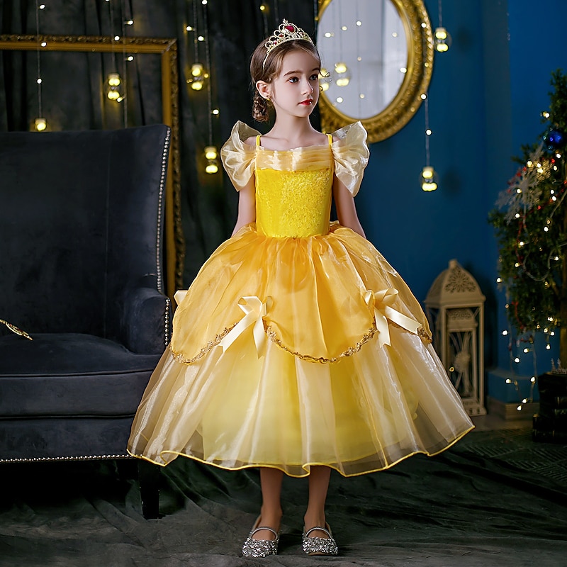 Kids Girls' Beauty And The Beast Princess Belle Costume Dress Cartoon Layered Ruched Lace Yellow Maxi Short Sleeve Cute Dresses Regular Fit